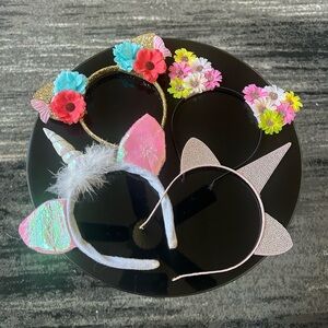 Set Of 4 Colorful Sparkly Headbands 2 With Kitty Ears & 2 Unicorn Horns